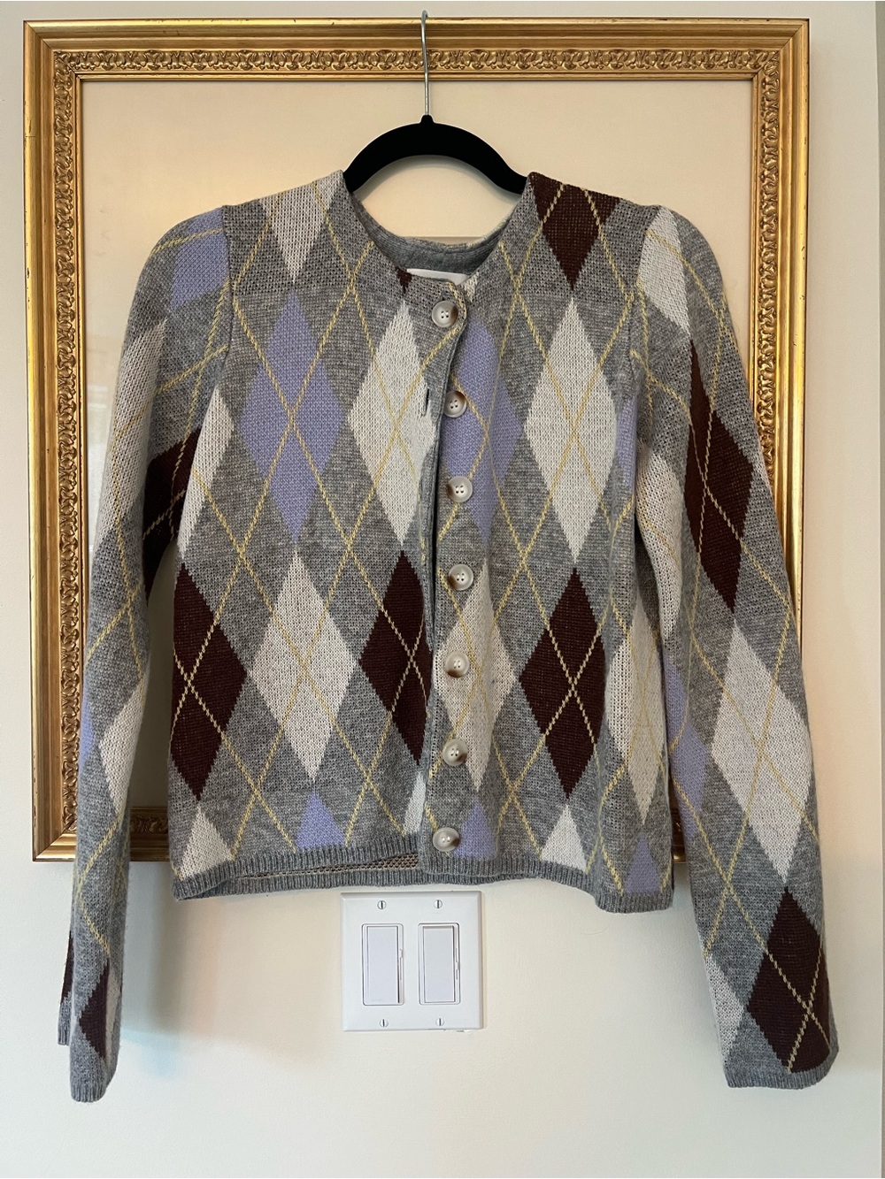 all:row Argyle Pearl-Button Cropped Cardigan Sweater - Gray Multi